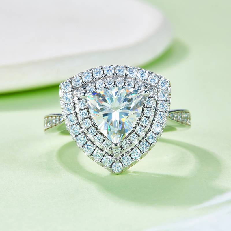 豪镶三角形S925银镀白金MoissaniteWomen's Ring2.0ctD级